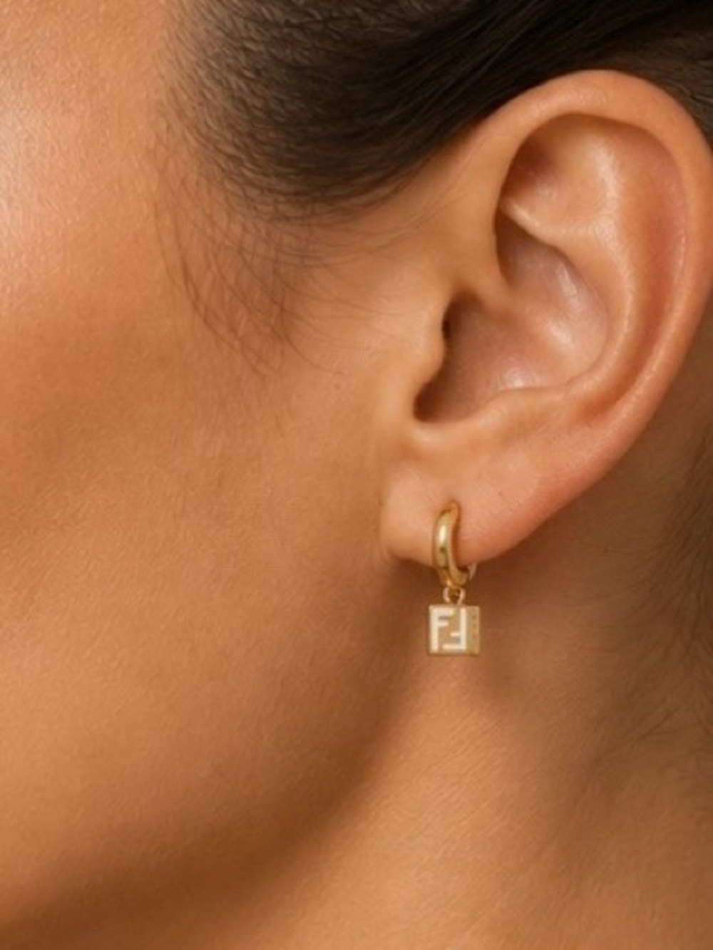 Fendi FF Forever Gold Tone White Enamel Huggie Hoop Earrings w/ Box